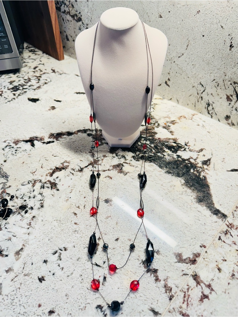 Long Black and Red Beaded Layering Necklace